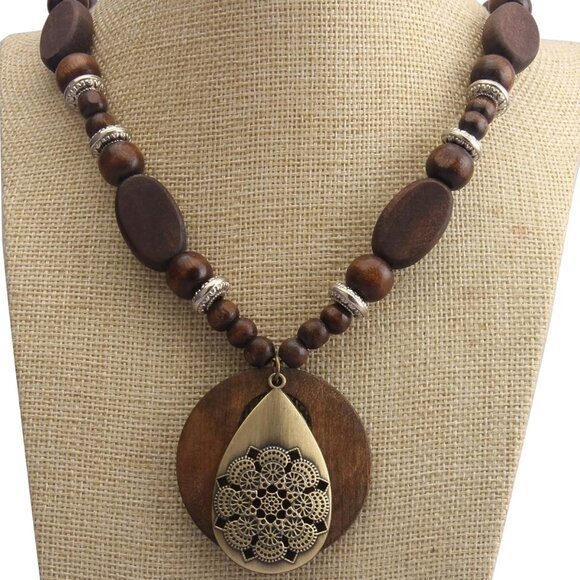 Boho Necklaces for Women Long Wooden Pendant Vintage Necklace Sweater Chain Neck - Picture 7 of 7